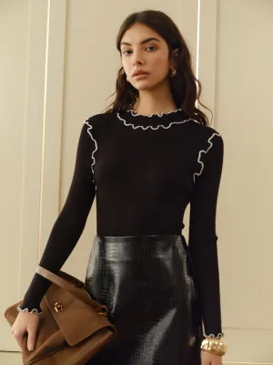 Contrast Lettuce Trim Knit Top