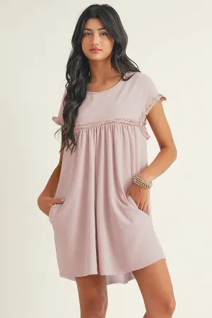 Frilled Trim Crew Neck Loose Fit Mini Dress