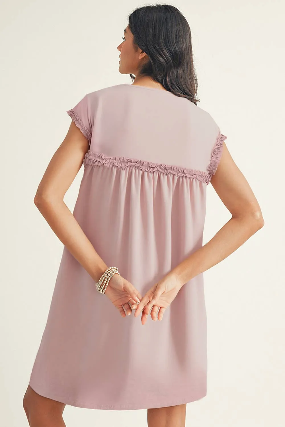 Frilled Trim Crew Neck Loose Fit Mini Dress
