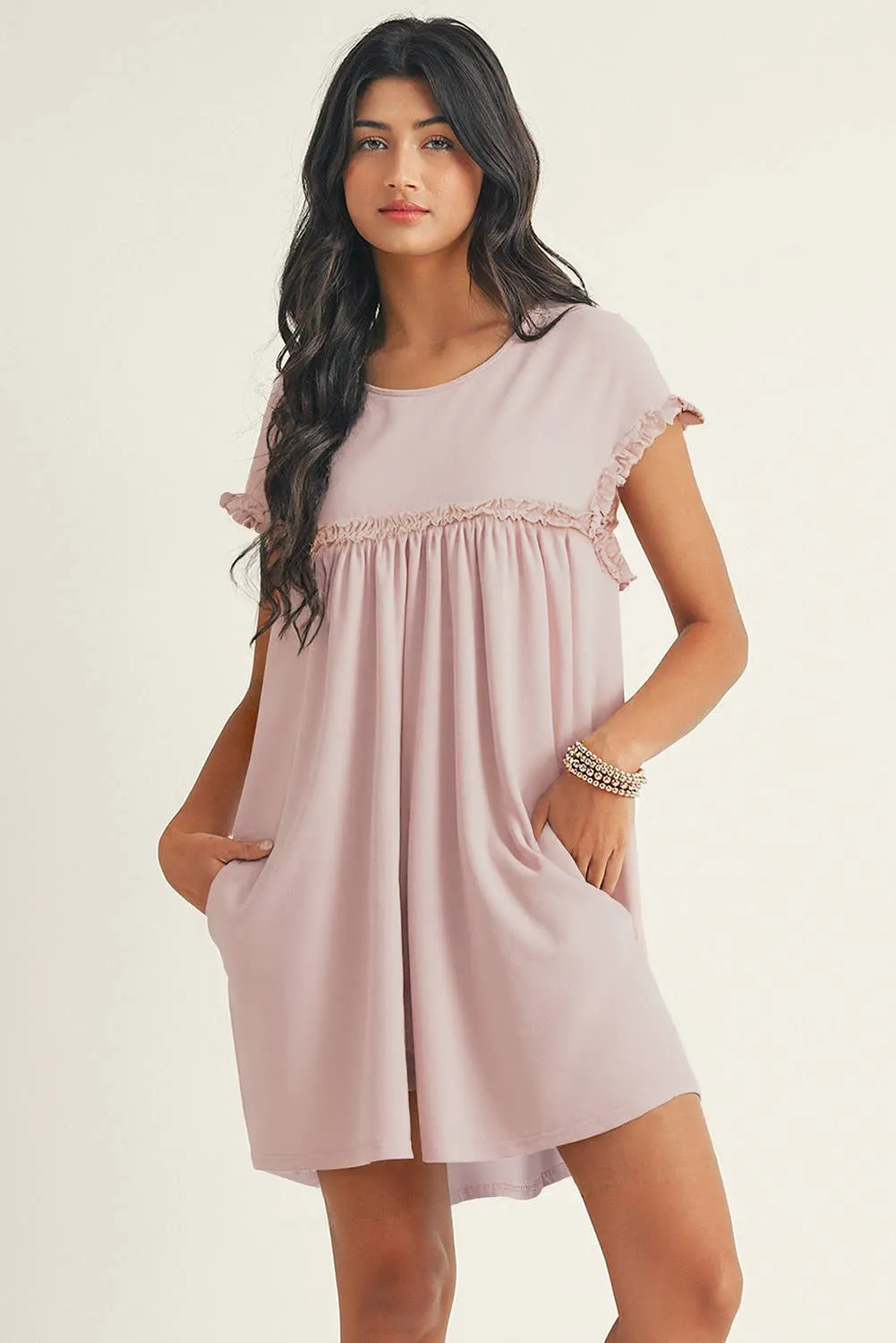 Frilled Trim Crew Neck Loose Fit Mini Dress