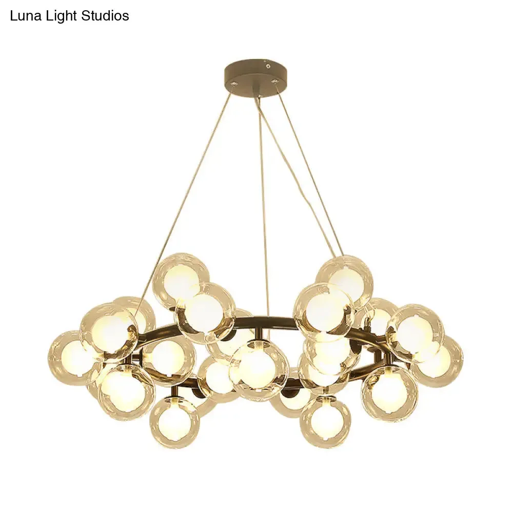 Modern Black/Gold Finish Glass 15/25-Bulb Global Shade Chandelier Lamp with Metal Ring - Ceiling Light Fixture