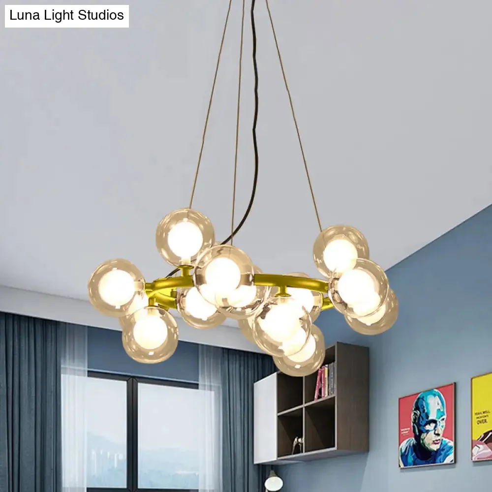 Modern Black/Gold Finish Glass 15/25-Bulb Global Shade Chandelier Lamp with Metal Ring - Ceiling Light Fixture