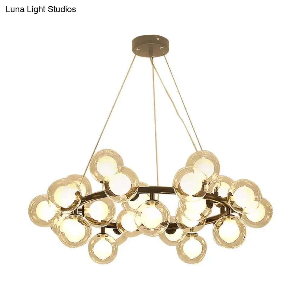 Modern Black/Gold Finish Glass 15/25-Bulb Global Shade Chandelier Lamp with Metal Ring - Ceiling Light Fixture