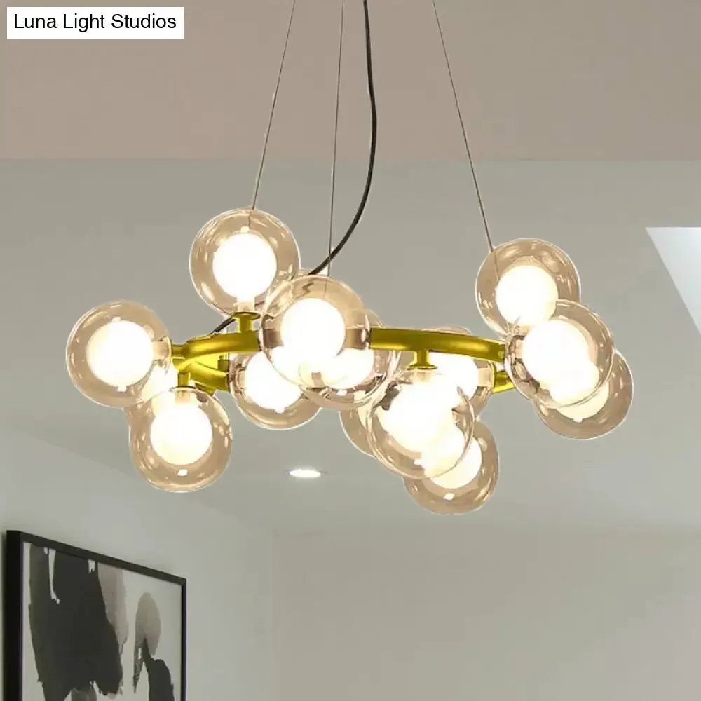 Modern Black/Gold Finish Glass 15/25-Bulb Global Shade Chandelier Lamp with Metal Ring - Ceiling Light Fixture