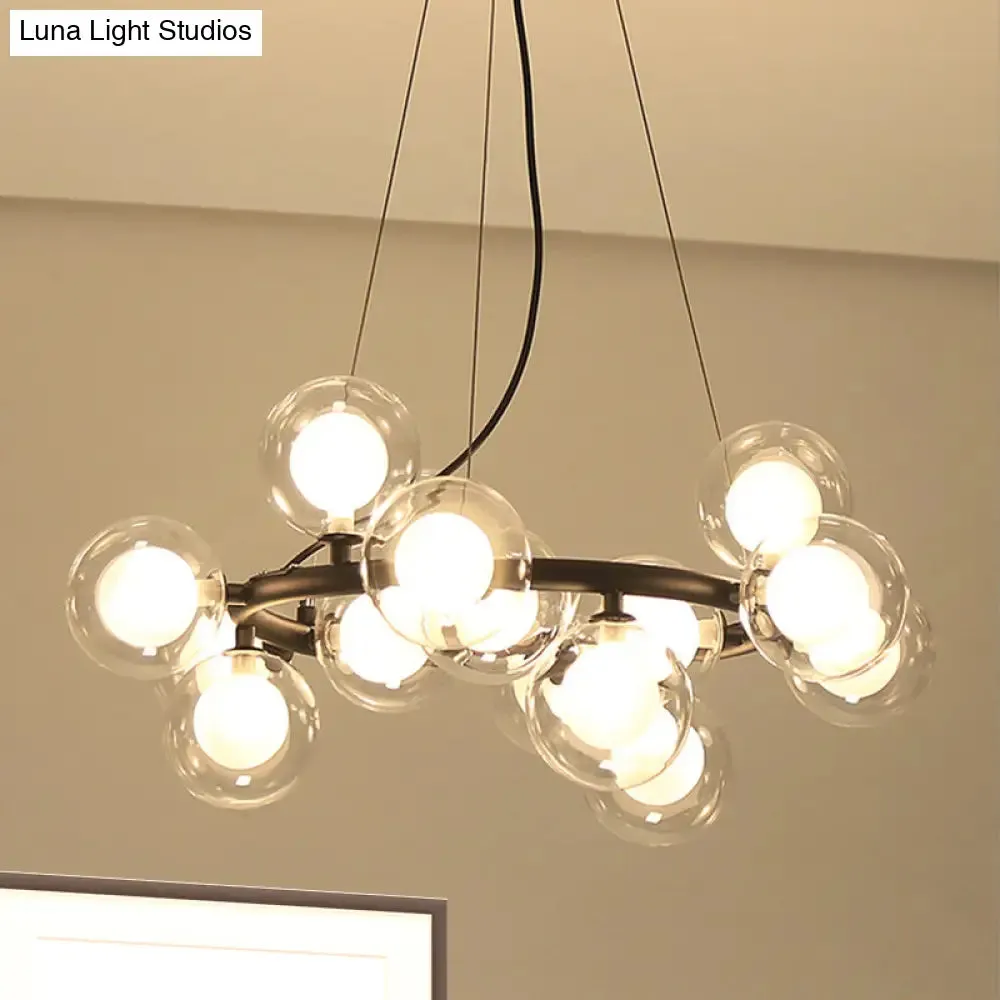 Modern Black/Gold Finish Glass 15/25-Bulb Global Shade Chandelier Lamp with Metal Ring - Ceiling Light Fixture