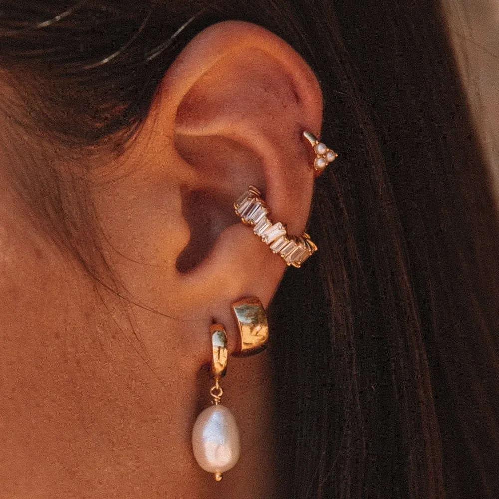 Pearl Trinity Huggie Hoop Earrings - Gold - SPG-37