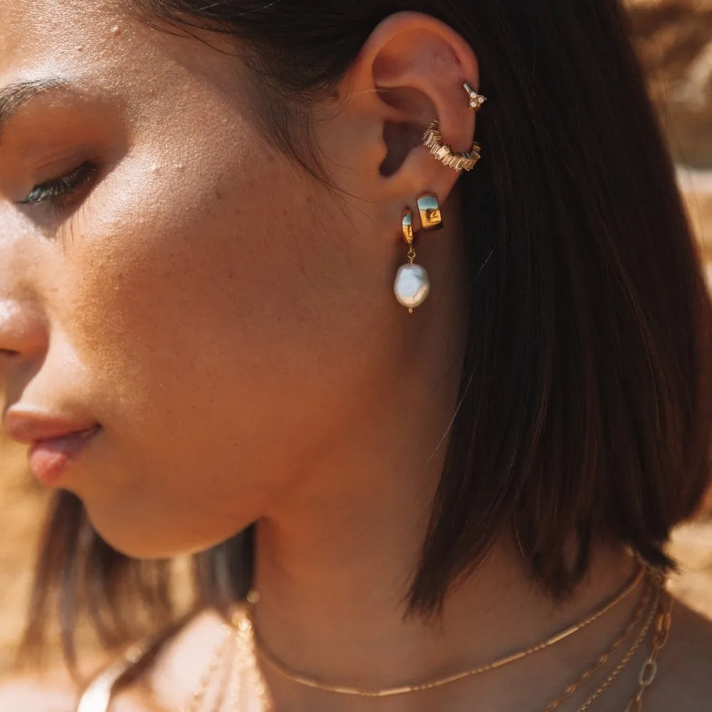 Pearl Trinity Huggie Hoop Earrings - Gold - SPG-37