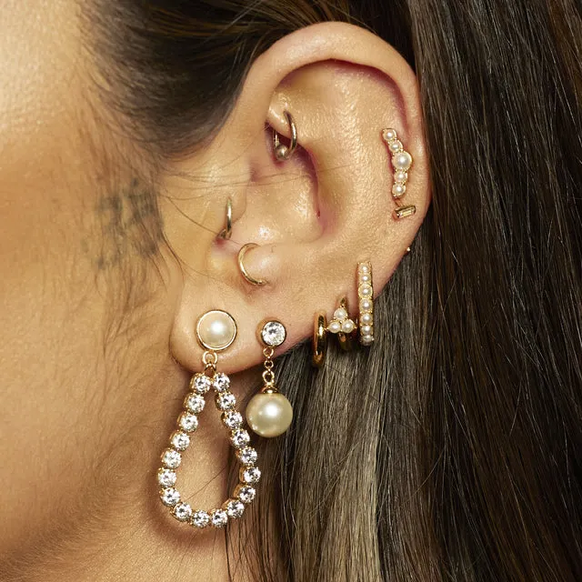 Pearl Trinity Huggie Hoop Earrings - Gold - SPG-37