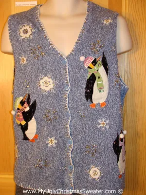 Ugly Christmas Sweater Party Fun Penguins with Snow Tacky Christmas Sweater Vest  (f1271)