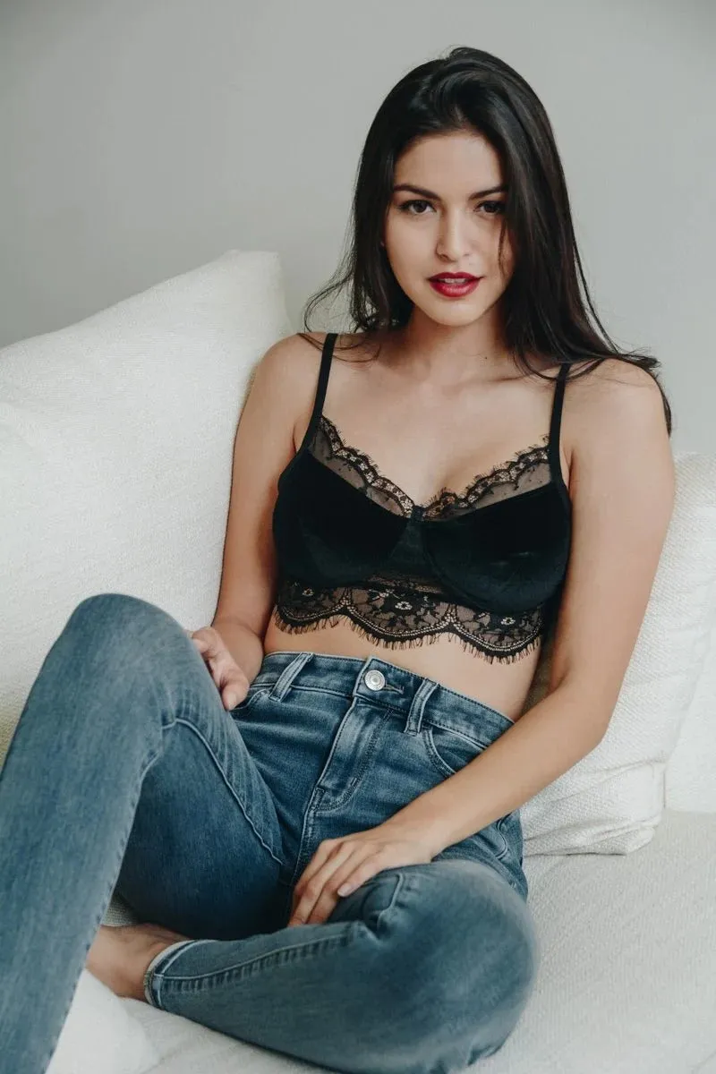 Velvet Lace Trim Half Cami with Scoop Neckline and Cropped Fit