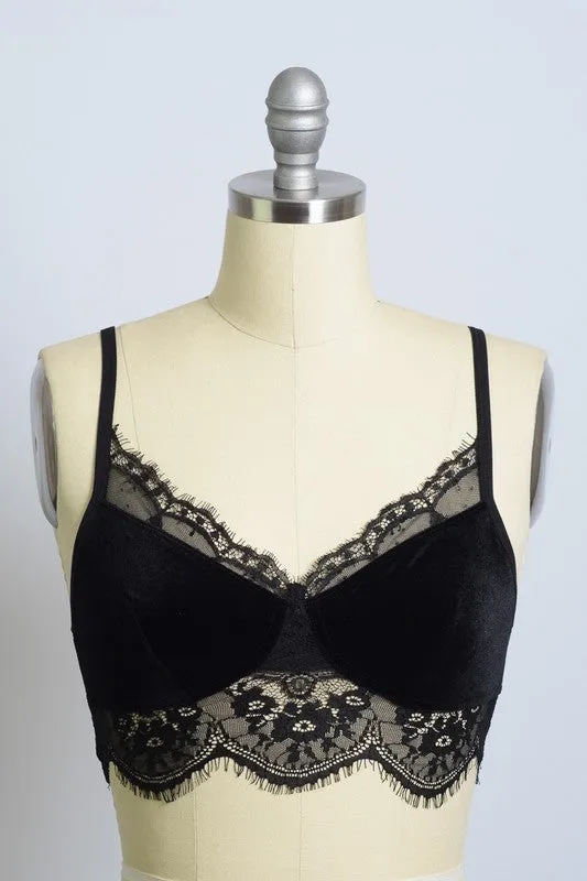 Velvet Lace Trim Half Cami with Scoop Neckline and Cropped Fit